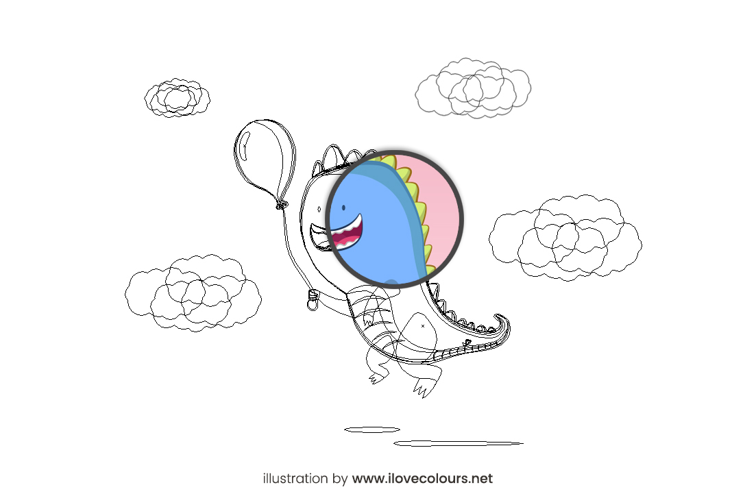Dinosaur flies with a balloon illustration - outline view - zoom
