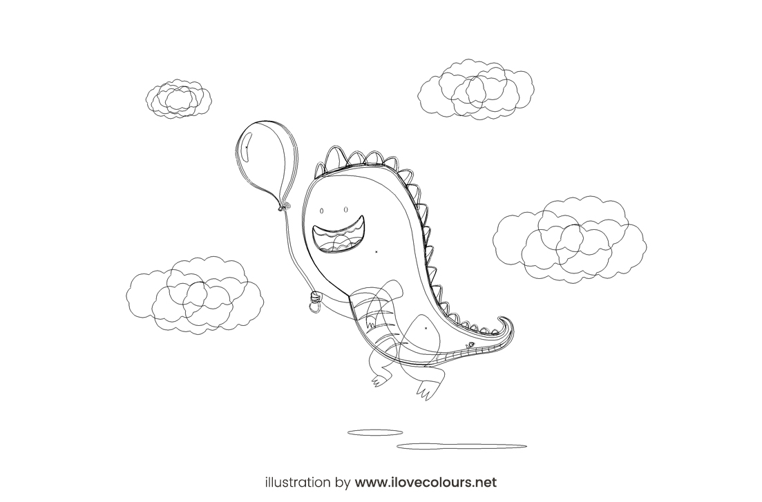 Dinosaur flies with a balloon illustration - outline view